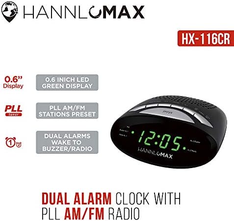 Hannlomax HX-116CR Alarm Clock Radio with Green LED Display and Dual Alarm