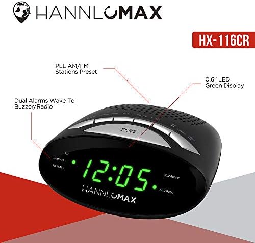 Hannlomax HX-116CR Alarm Clock Radio with Green LED Display and Dual Alarm