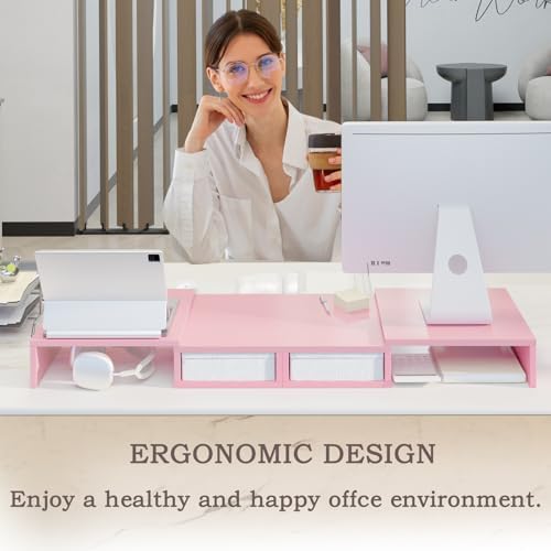 TEAMIX Pink Dual Monitor Stand with 2 Drawers