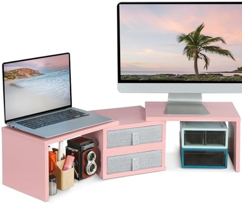 TEAMIX Pink Dual Monitor Stand with 2 Drawers