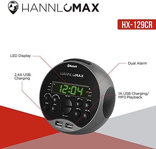 HANNLOMAX HX-129CR Alarm Clock Radio with Bluetooth and USB Charging
