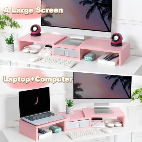 TEAMIX Pink Dual Monitor Stand Riser with Drawer