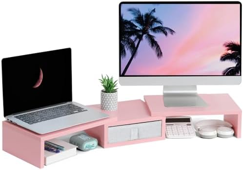 TEAMIX Pink Dual Monitor Stand Riser with Drawer