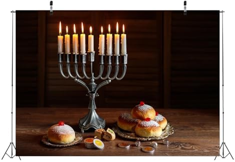 BELECO 8x6ft Hanukkah Fabric Backdrop with Menorah and Candles