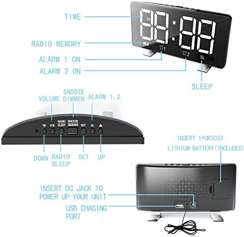 ThreeH Alarm Clock Radio with USB Charging and Adjustable Brightness