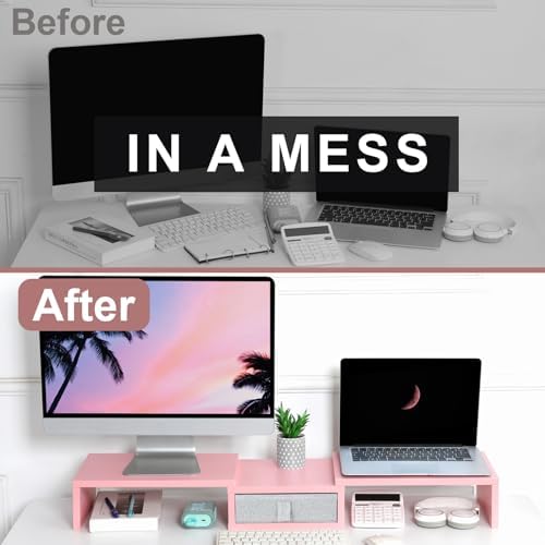 TEAMIX Pink Dual Monitor Stand Riser with Drawer