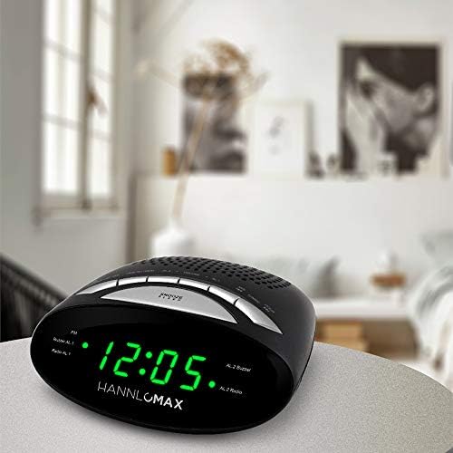 Hannlomax HX-116CR Alarm Clock Radio with Green LED Display and Dual Alarm