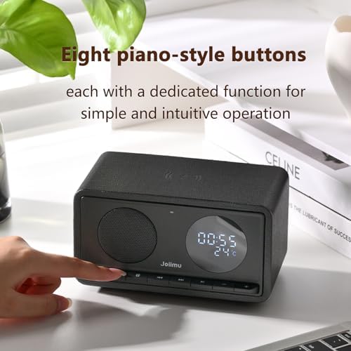 Bluetooth Speaker with Alarm Clock FM Radio Wireless Charger Thermometer Wooden Design
