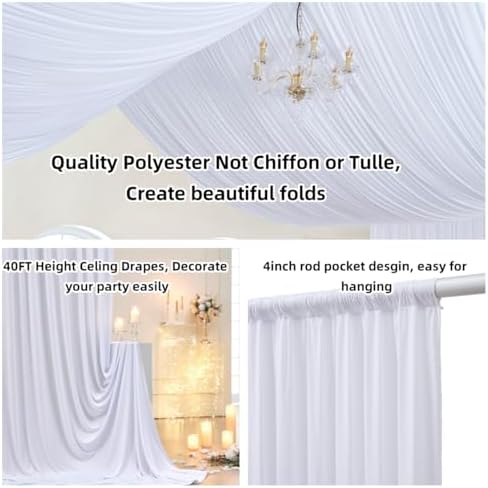 4 Panels White Wedding Drapes 5ftx40ft Wrinkle Free