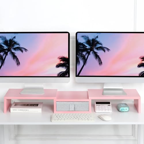 TEAMIX Pink Dual Monitor Stand Riser with Drawer