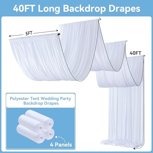 4 Panels White Wedding Drapes 5ftx40ft Wrinkle Free