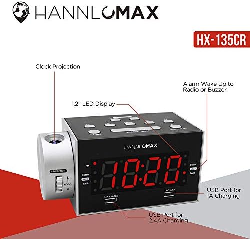 HX-135CR Alarm Clock Radio with Projection and Dual USB Ports