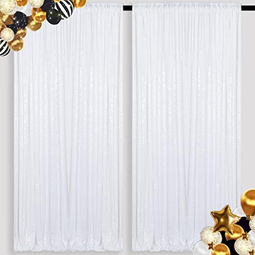 ShinyBeauty 2 Panels White Sequin Backdrop 5Ft x 10Ft Wedding Photography Background