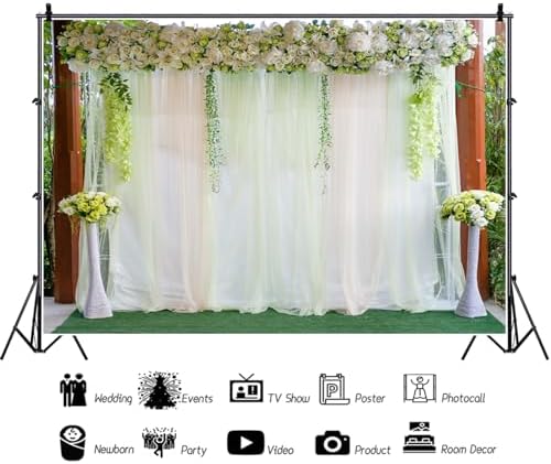10x8ft White Flowers Green Leaves Wedding Backdrop