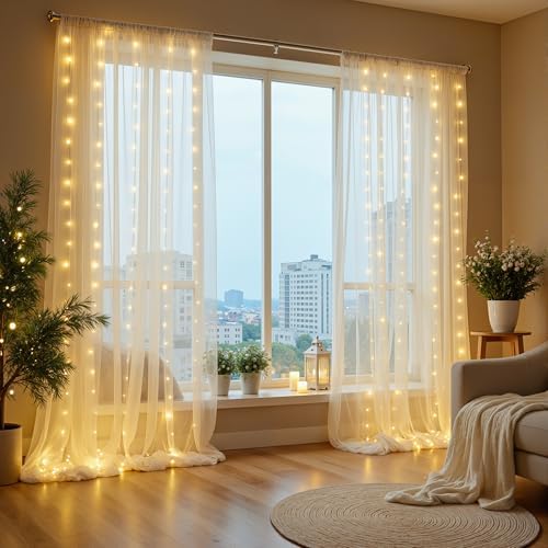 Ivory Tulle Backdrop Curtains with String Lights for Parties