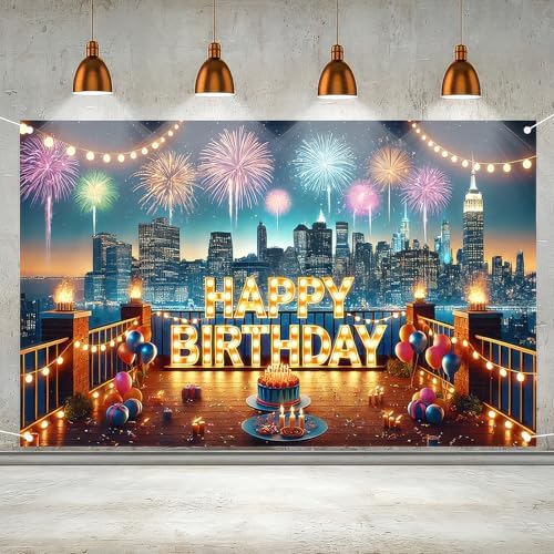 Happy Birthday City Skyline Fireworks Banner 71x43 Inch