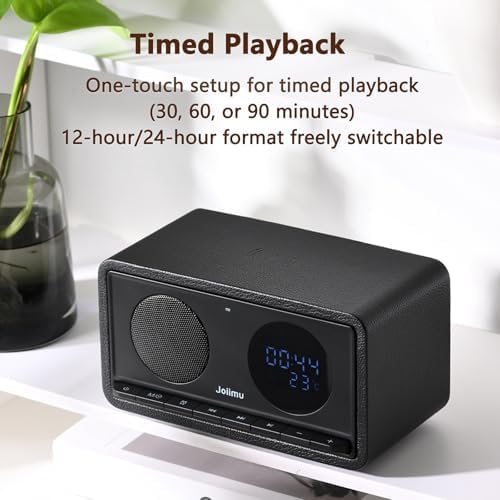Bluetooth Speaker with Alarm Clock FM Radio Wireless Charger Thermometer Wooden Design