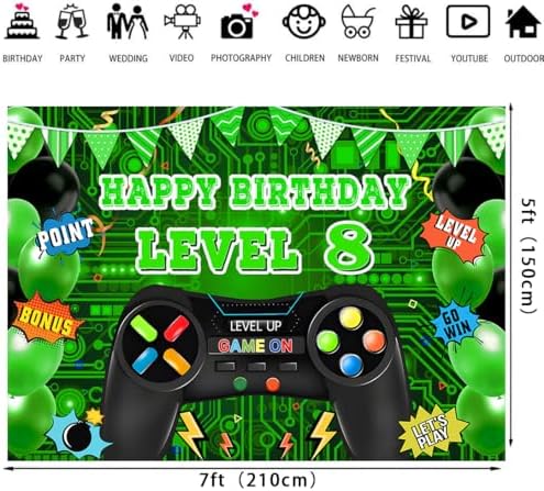 Video Game Level 8 Birthday Backdrop 7x5ft