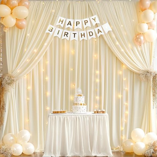 Wish Care 10x10ft Ivory Backdrop Curtain with Lights
