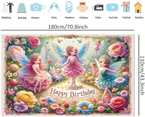 Fairy Birthday Backdrop Banner for Kids Girls Party Decoration