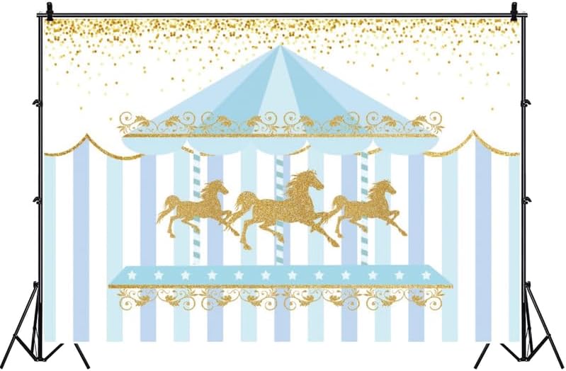 7x5ft Blue Gold Stripe Carousel Birthday Party Backdrop