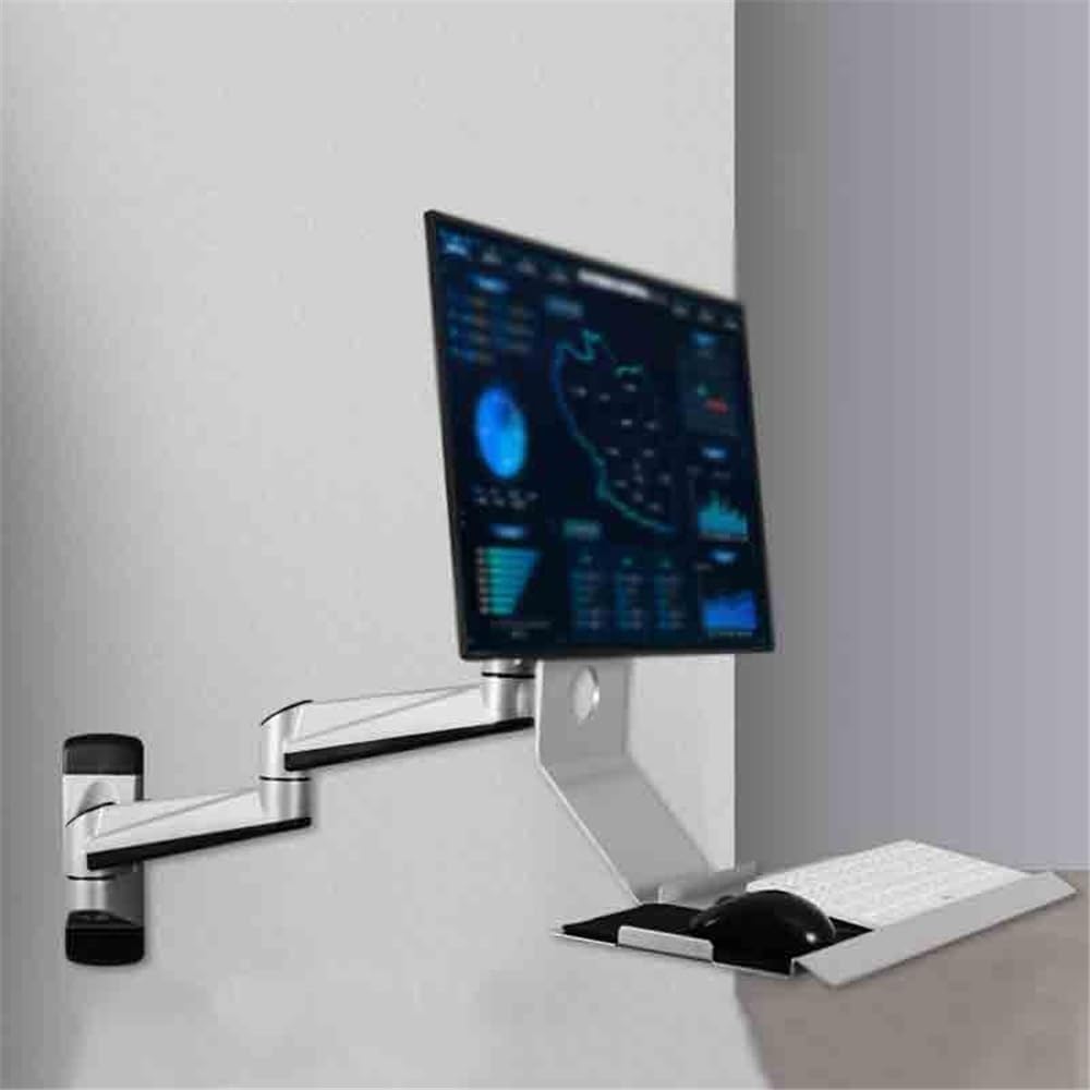 Silver Wall Mount Double Arm Monitor Stand with Collapsible Tray