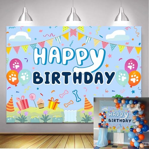 Blue Dog Cartoon Birthday Backdrop for Boys and Girls