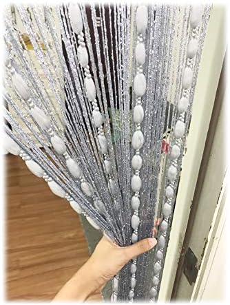 Eyotool Door String Curtain with Shaggy Tassel Room Divider 39x79 Silver Ribbon