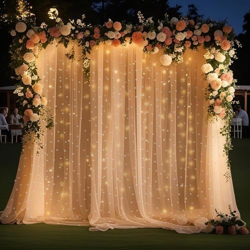 10x8ft Pearl Tulle Double Layered Backdrop with Lights and Clips