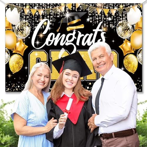 Premium Graduation Backdrop Banner 72x44in Black Gold
