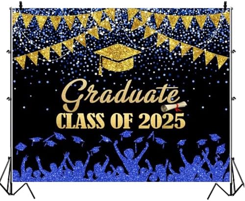 2025 Graduation Backdrop 10x8ft Blue Gold Glitter