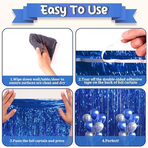 3 Pack Blue Foil Fringe Backdrop Curtains for Parties
