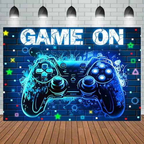 Video Game Party Backdrop with Blue Neon Glow
