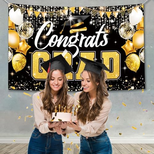 Premium Graduation Backdrop Banner 72x44in Black Gold