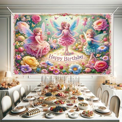 Fairy Birthday Backdrop Banner for Kids Girls Party Decoration