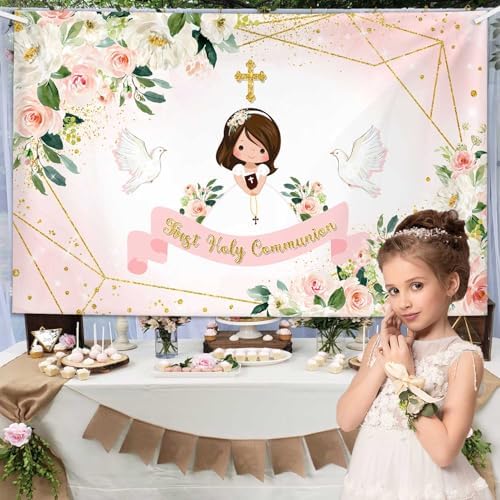 MEHOFOND Holy Communion Backdrop Pink Floral Photo Studio Background