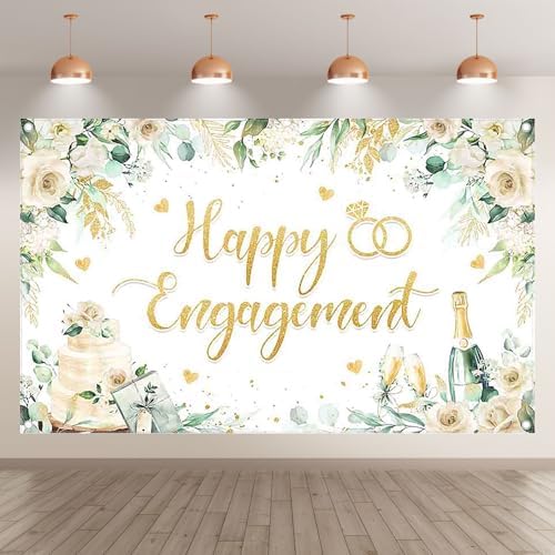 Happy Engagement Backdrop 72x43inch Green Leaves Rose Diamond