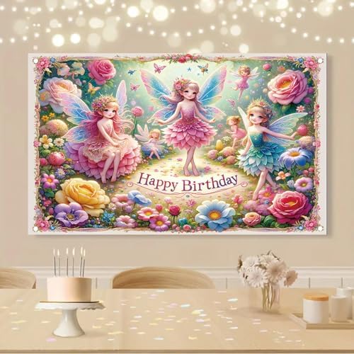 Fairy Birthday Backdrop Banner for Kids Girls Party Decoration