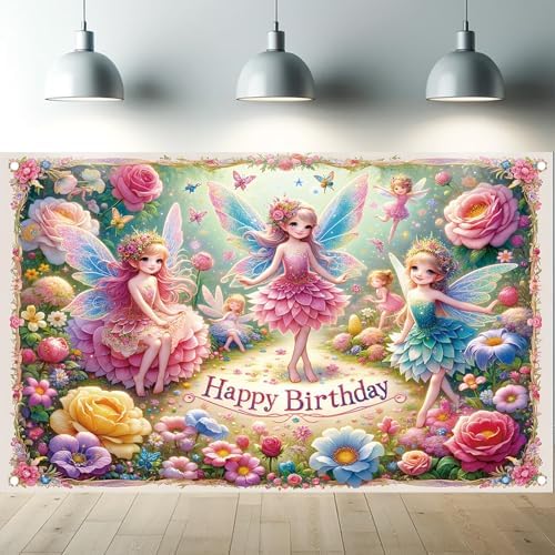 Fairy Birthday Backdrop Banner for Kids Girls Party Decoration