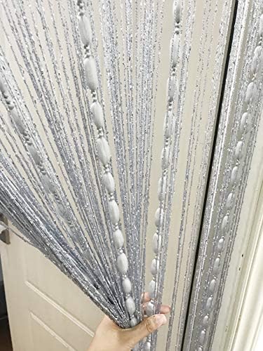 Eyotool Door String Curtain with Shaggy Tassel Room Divider 39x79 Silver Ribbon