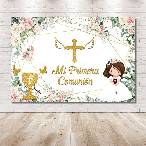 MEHOFOND 7x5ft Pink White Floral Backdrop for Girls Baptism Party