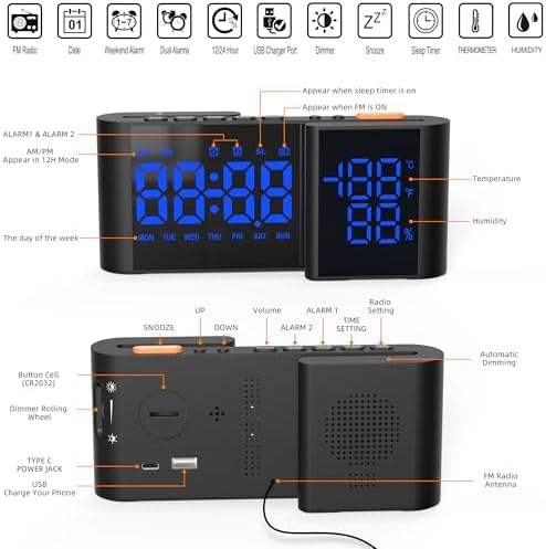 Vauno Alarm Clock Radio with USB Port and Bright Display