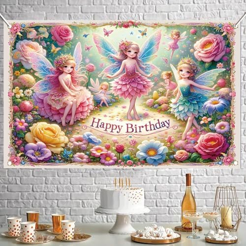 Fairy Birthday Backdrop Banner for Kids Girls Party Decoration