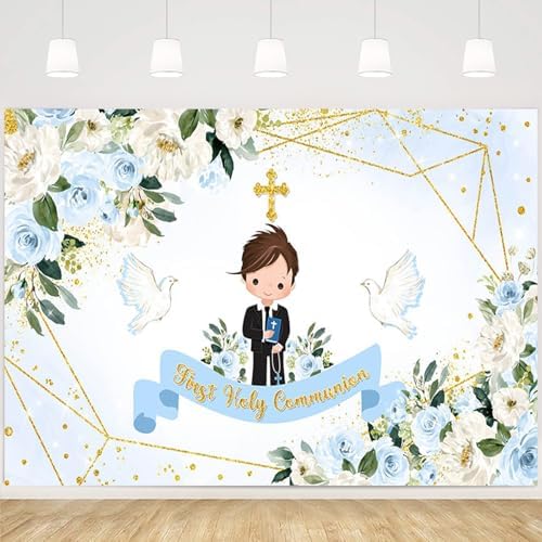 MEHOFOND First Holy Communion Photo Backdrop 7x5ft Blue Floral