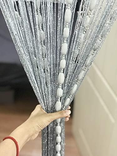 Eyotool Door String Curtain with Shaggy Tassel Room Divider 39x79 Silver Ribbon
