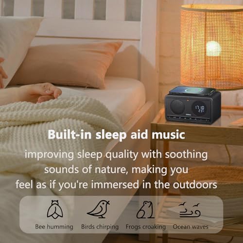Bluetooth Speaker with Alarm Clock FM Radio Wireless Charger Thermometer Wooden Design