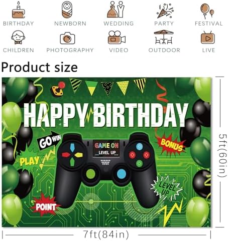 Level Up Gamer Birthday Party Backdrop 7x5ft