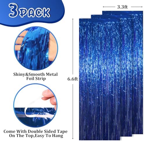 3 Pack Blue Foil Fringe Backdrop Curtains for Parties