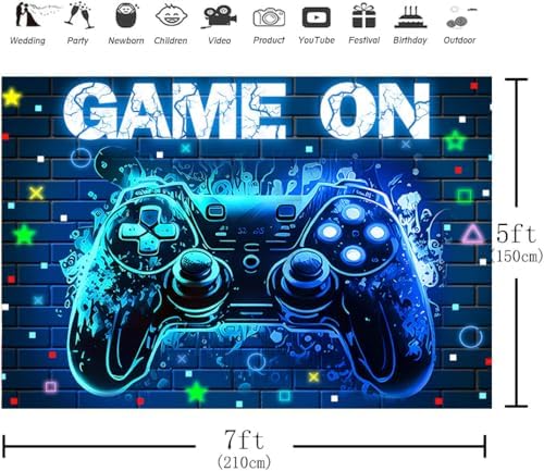 Video Game Party Backdrop with Blue Neon Glow