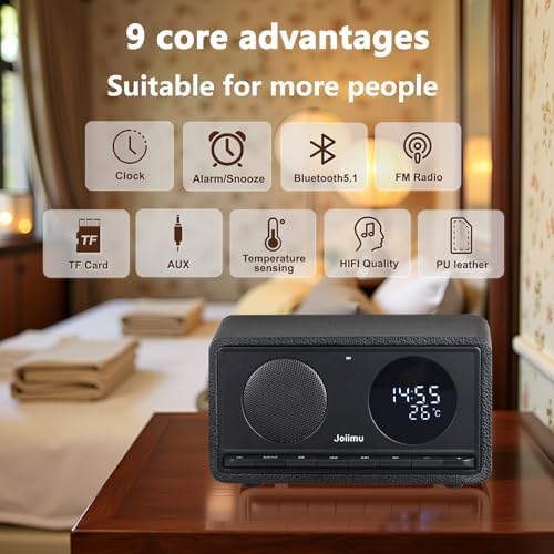Bluetooth Speaker with Alarm Clock FM Radio Wireless Charger Thermometer Wooden Design
